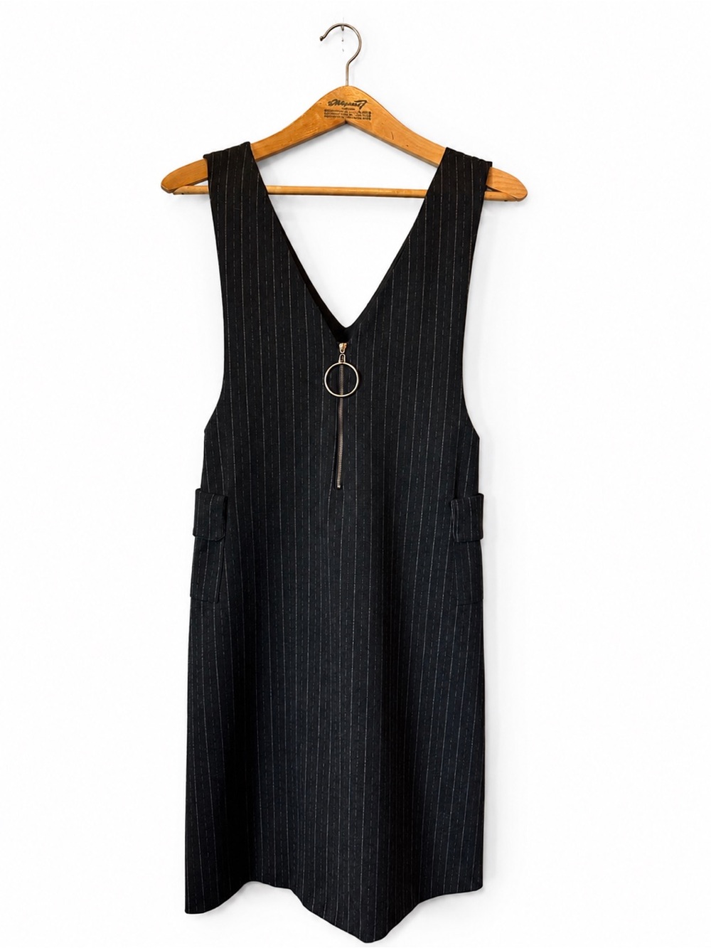 Bayilu Black‎ Pinstripe Midi Dress Size L Black Ring Zip Business Casual Chic